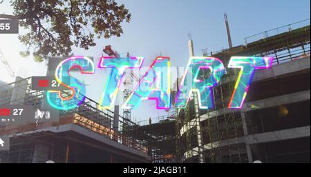 Image of start text and numbers growing over cityscape. global social media, connections and digital interface concept digitally generated image. Stock Photo