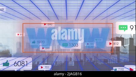 Image of wow text, with social media notifications over digital grid, data and cityscape. global communication, social network and digital interface c Stock Photo
