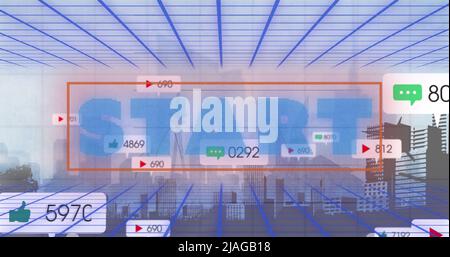 Image of start text and numbers growing over cityscape. global social media, connections and digital interface concept digitally generated image. Stock Photo