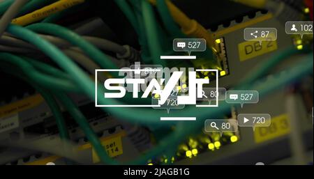 Image of start text and growing numbers over computer server. global data processing, computing and digital interface concept digitally generated imag Stock Photo