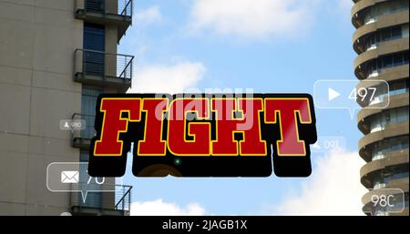 Image of fight text and numbers growing over cityscape. global social media, connections and digital interface concept digitally generated image. Stock Photo
