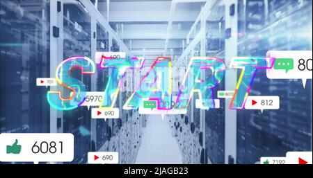 Image of start text and numbers growing over server room. global social media, connections and digital interface concept digitally generated image. Stock Photo