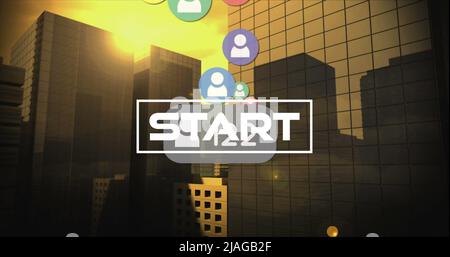 Image of start text and numbers growing over cityscape. global social media, connections and digital interface concept digitally generated image. Stock Photo