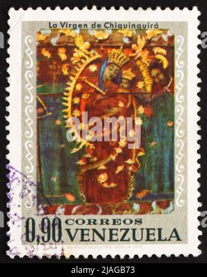 VENEZUELA - CIRCA 1970: a stamp printed in the Venezuela shows Virgin of Chiquinquira, Design from Venezuelan Church, circa 1970 Stock Photo