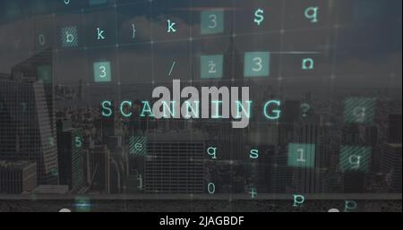 Image of cyber attack warning over cityscape Stock Photo