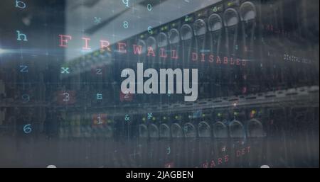 Image of cyber attack warning over server room Stock Photo