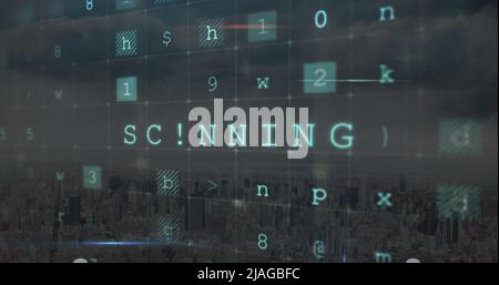 Image of cyber attack warning over cityscape Stock Photo