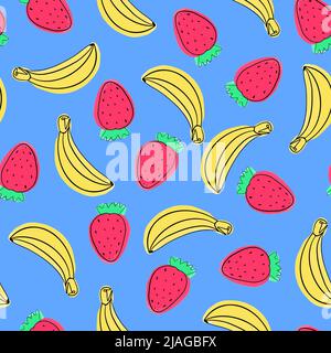 Vector Summer seamless pattern with fruits bananas and strawberries drawn in watercolor. Stock Vector