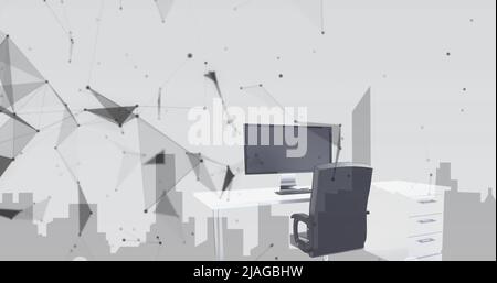 Image of network of connections spinning over empty office and cityscape Stock Photo