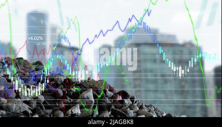 Image of financial data processing over cityscape Stock Photo