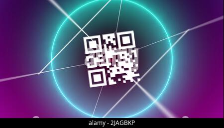 Image of neon circles over qr code rotating on violet background Stock Photo