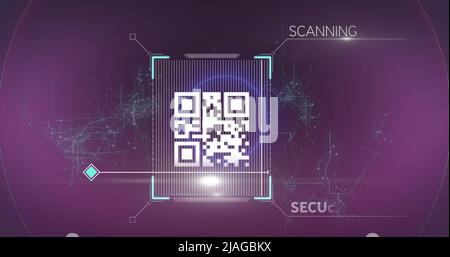 Image of neon circles over qr code on violet background Stock Photo