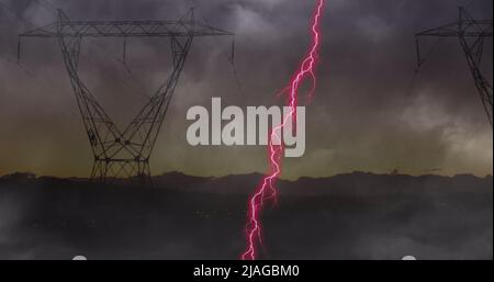 Image of storm with pink lightning and grey clouds over electric pylons Stock Photo