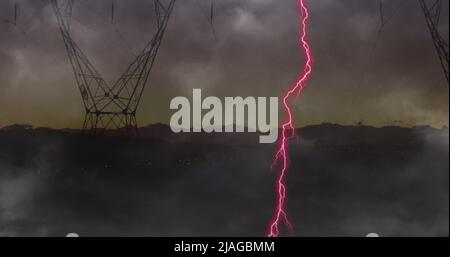 Image of storm with pink lightning and grey clouds over electric pylons Stock Photo