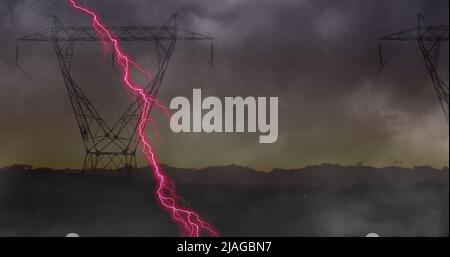 Image of storm with pink lightning and grey clouds over electric pylons Stock Photo