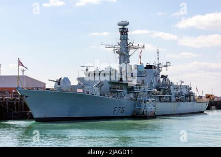 HMS Kent (F78) is a Type 23 Duke class frigate of the British Royal Navy. Portsmouth Naval Dockyards on the south coast of England. Stock Photo