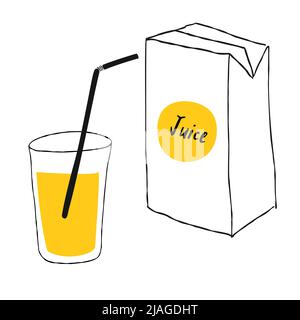 Illustration of a package of orange juice and a glass with a straw in a hand drawn style Stock Vector