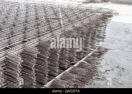 production, transportation and storage of steel products for monolithic reinforced concrete structures, selective focus Stock Photo