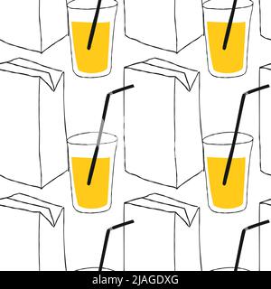 Seamless pattern with illustration a package of orange juice and a glass in a hand drawn style Stock Vector