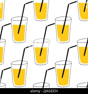 Seamless pattern with illustration glass with a straw with orange juice in a hand drawn style Stock Vector