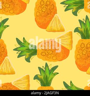 Seamless pattern with pineapple illustration on light yellow background Stock Vector