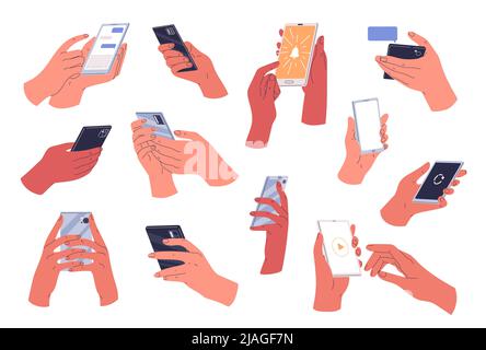 Hands holding smartphone. People using smartphones. Stock Vector