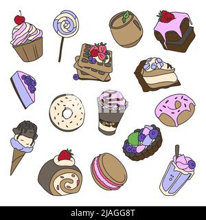 Set of food icons. French cafe. Chocolate cupcake, profitroles, cup of coffee, cappuccino, Viennese waffles, chocolate croissant, macaroons, strawberr Stock Vector