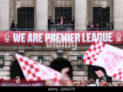 Nottingham, Nottinghamshire, UK. 30th May 2022. The Nottingham Forest soccer team manager Steve Cooper celebrates their promotion to the Premier League on the balcony of the Council Building. Credit Darren Staples/Alamy Live News. Stock Photo