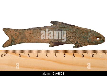 Ancient bronze coins in the form of fish Zhou Dynasty. China. Isolated on white Stock Photo