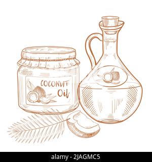 Bottles of coconut oil. Cooking and beauty ingredients. Glass pitcher and jar, coconut nut, palm leaves Vector Hand drawn illustration for menu, banner Stock Vector