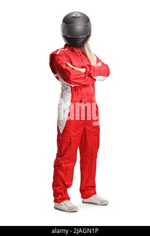 Female racer in a red suit and black helmet posing isolated on white background Stock Photo