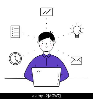 Young man working on a laptop with several tasks. Effective employee or entrepreneur. Multitasking, productivity and time management concept. Vector illustration in doodle style. Stock Vector