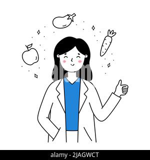 Female nutritionist with vegetables and fruits isolated on white background. Diet plan or nutrition consultation concept. Smiling doctor showing thumbs up. Vector illustration in doodle style. Stock Vector
