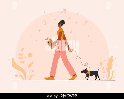 Afro woman with earphones listening to a music. Stock Vector