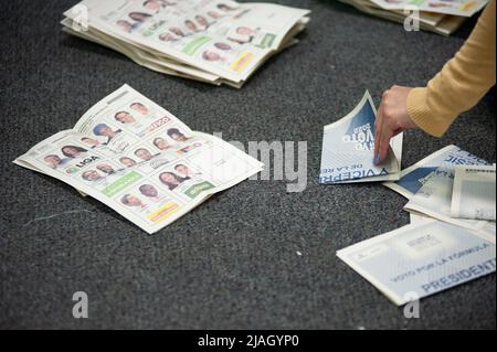 Electoral jury members count votes after elections rally ended during the 2022 Presidential elections in Bogota, Colombia on May 29, 2022. Photo by: Chepa Beltran/Long Visual Press Stock Photo