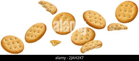 Falling round cheese crackers isolated on white background Stock Photo