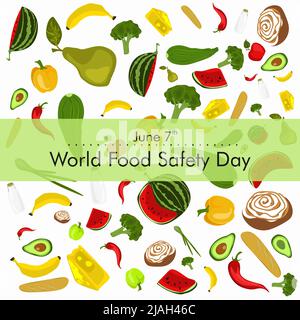 World food safety day on June 7 banner, poster or card vector clipart design. The concept of healthy eating, healthy lifestyle. Fresh natural products Stock Vector