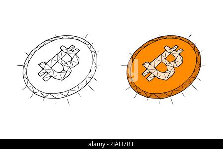 Bitcoin coins doodle icon isolated on white background Stock Vector
