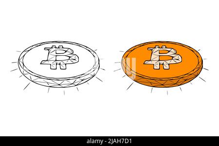 Bitcoin coins doodle icon isolated on white background Stock Vector