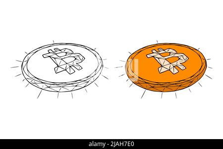 Bitcoin coins doodle icon isolated on white background Stock Vector