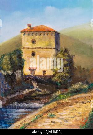 Old tower house in a rural landscape. Original painting on canvas. Stock Photo