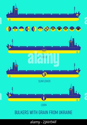 Icon set of dry cargo ships for transportation of bulk cereals and icons of grain, corn, sunflower in the colors of the flag of Ukraine. Constructor f Stock Photo