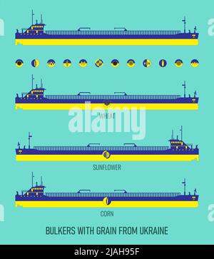 Icon set of dry cargo ships for transportation of bulk cereals and icons of grain, corn, sunflower in the colors of the flag of Ukraine. Constructor f Stock Photo