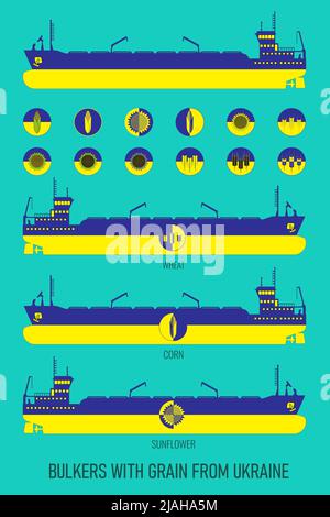 Icon set of dry cargo ships for transportation of bulk cereals and icons of grain, corn, sunflower in the colors of the flag of Ukraine. Constructor f Stock Vector