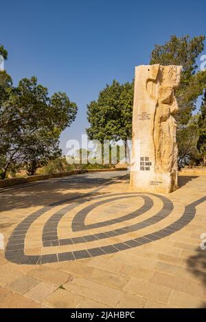 Carved stone at the entrance to Moses memorial church Mount Nebo Stock Photo