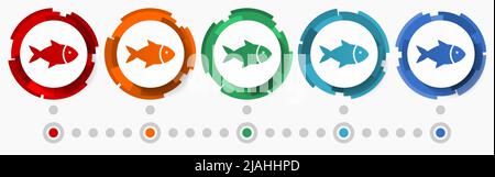Fish, seafood concept vector icon set, modern design abstract web buttons in 5 color options, infographic template for webdesign and mobile apps Stock Vector