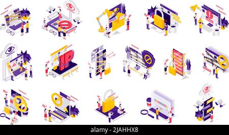 Internet censorship symbols isometric icons set with account blocking padlock ip chained access denied isolated vector illustration Stock Vector