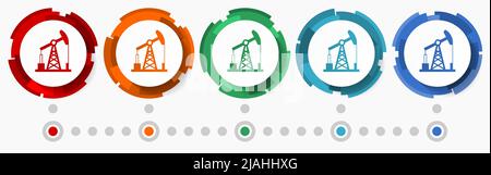 Petrol, oil concept vector icon set, modern design abstract web buttons in 5 color options, infographic template for webdesign and mobile apps Stock Vector