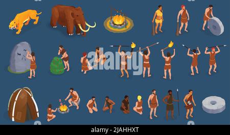 Caveman prehistoric primitive people set of isolated human characters ...