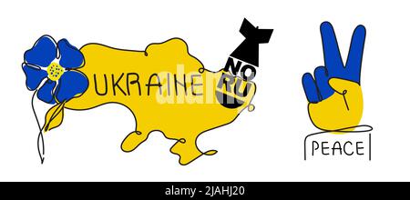 Set of vector illustration. Map of Ukraine with flower and Russian or RF bombs NO RU. Hand sign and lettering PEACE. Vector illustration in tradition Stock Vector